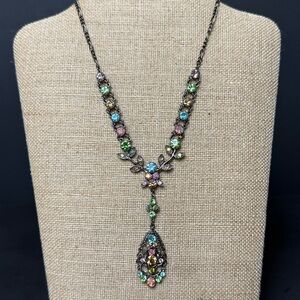 Multicolor Rhinestone Necklace Gunmetal Finish 16”
